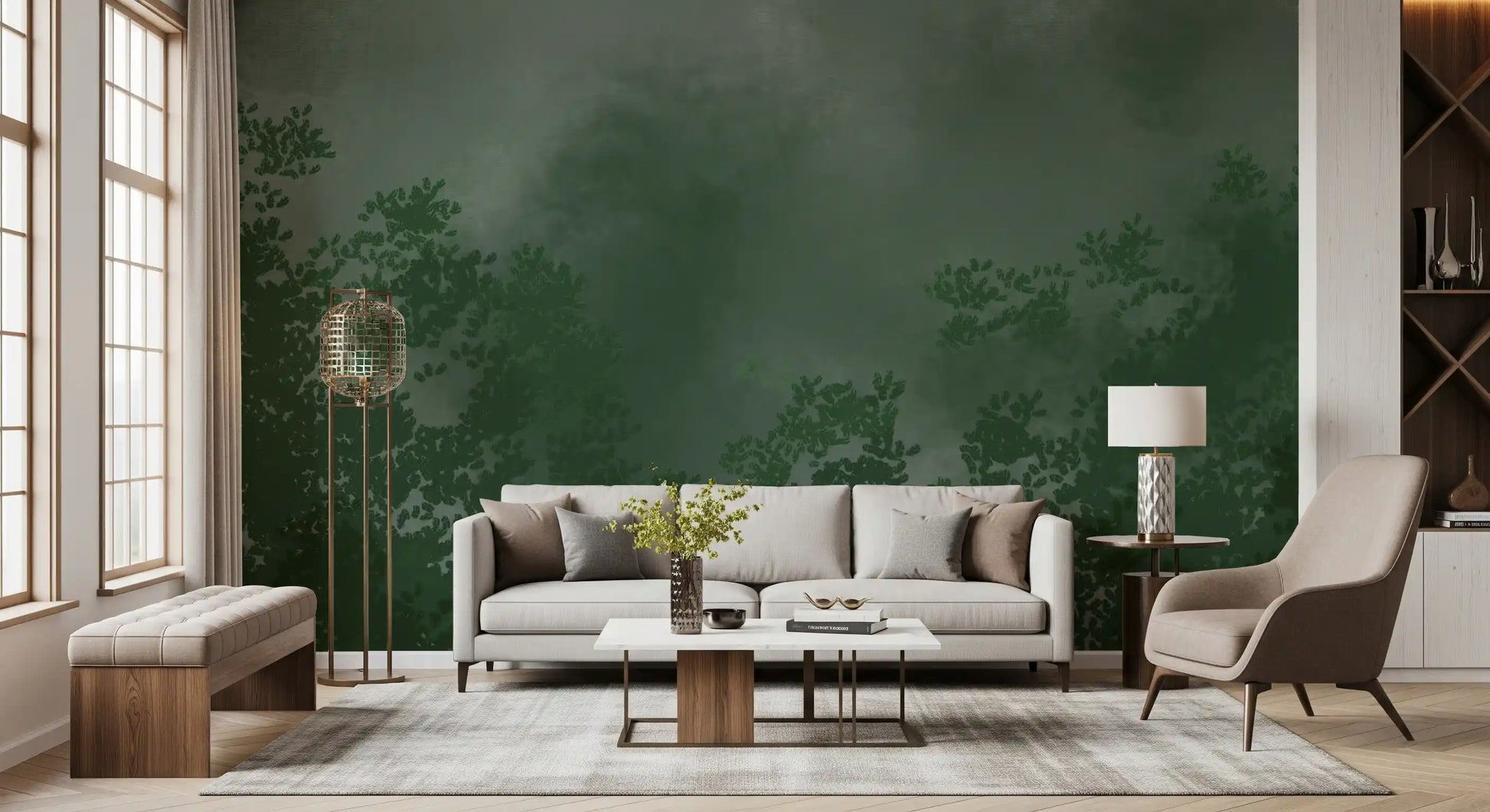 Dense leaf clusters build depth in the Emerald Canopy Forest wall mural.
