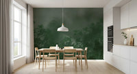 Pale mist drifts above the treeline in the Misty Canopy Forest wall mural.