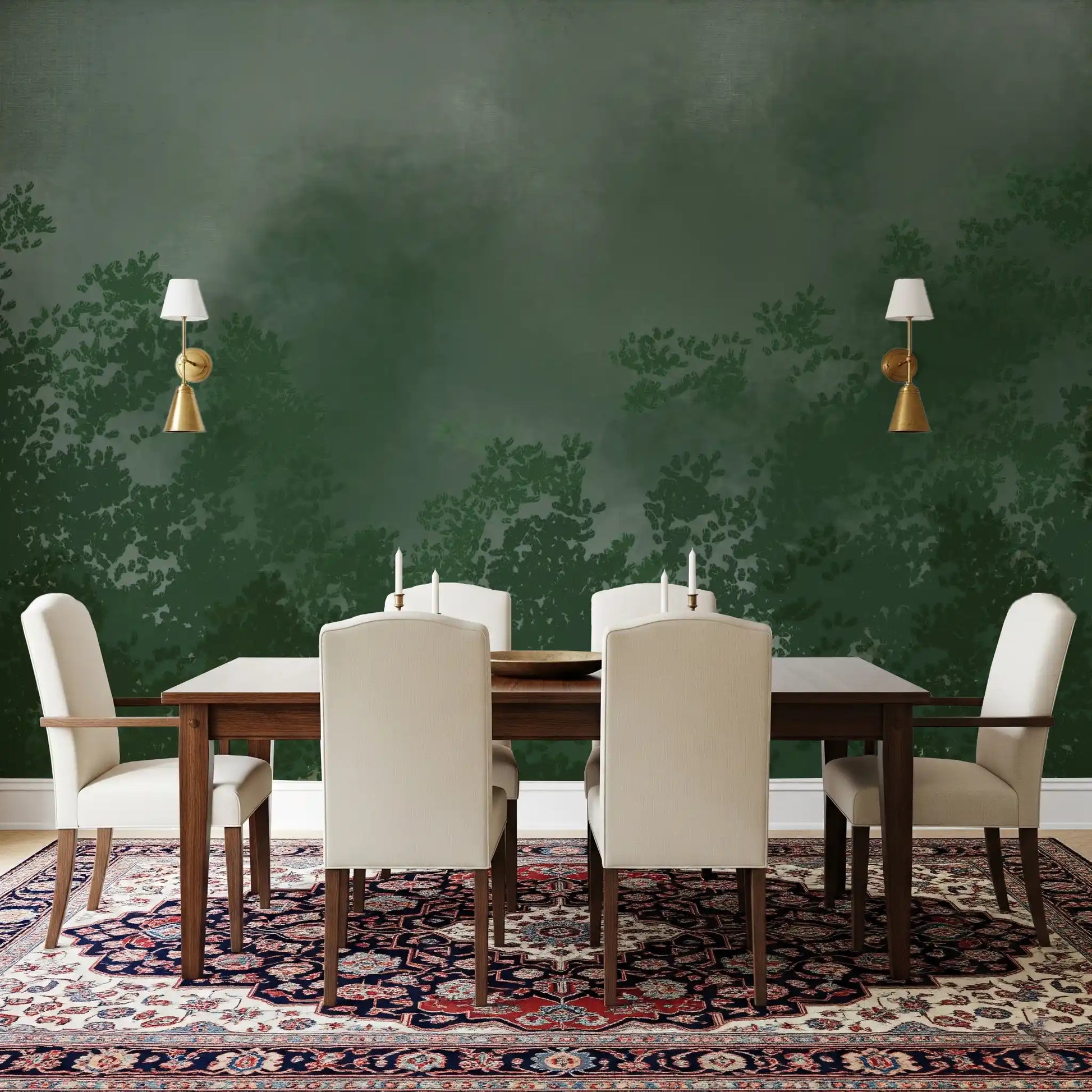 Misty Forest Canopy wall mural giving this dining room a dark, woodland mood.
