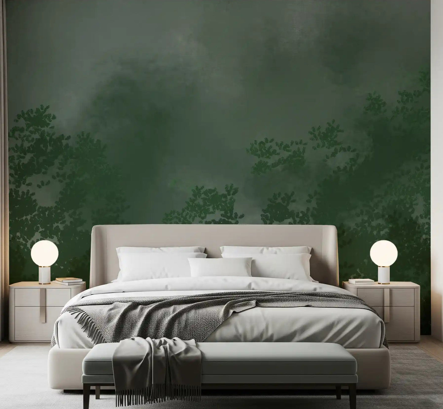 Bedroom styled around the Emerald Canopy Misty Forest wall mural in deep green.