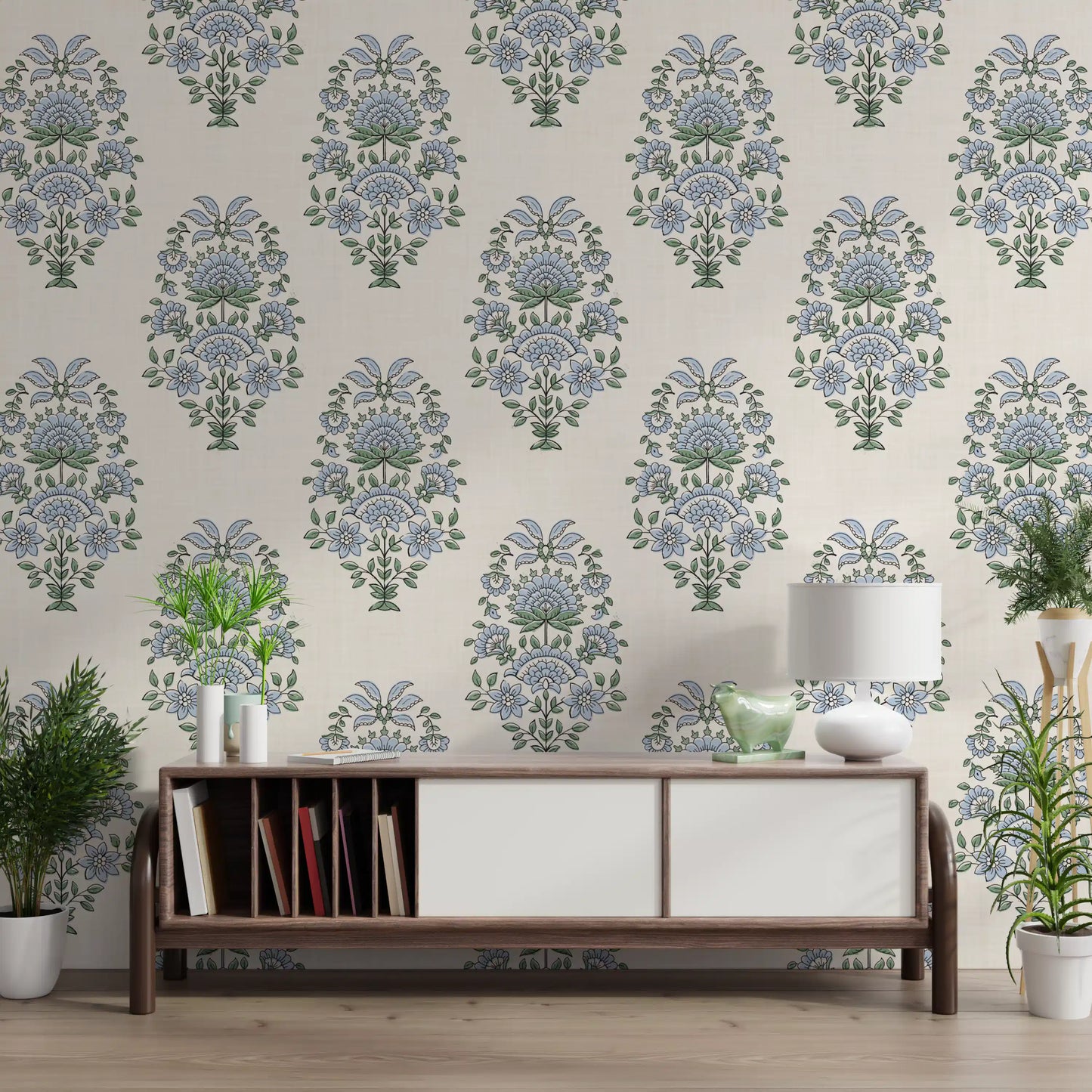 Serene Blue Floral Motif Wallpaper⁠