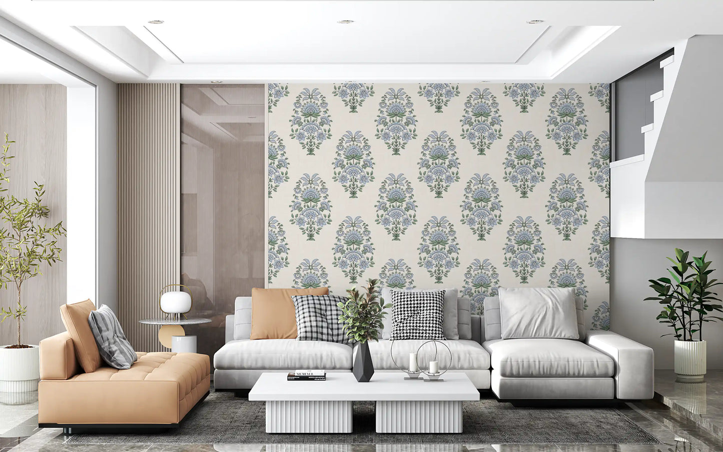 Serene Blue Floral Motif Wallpaper⁠