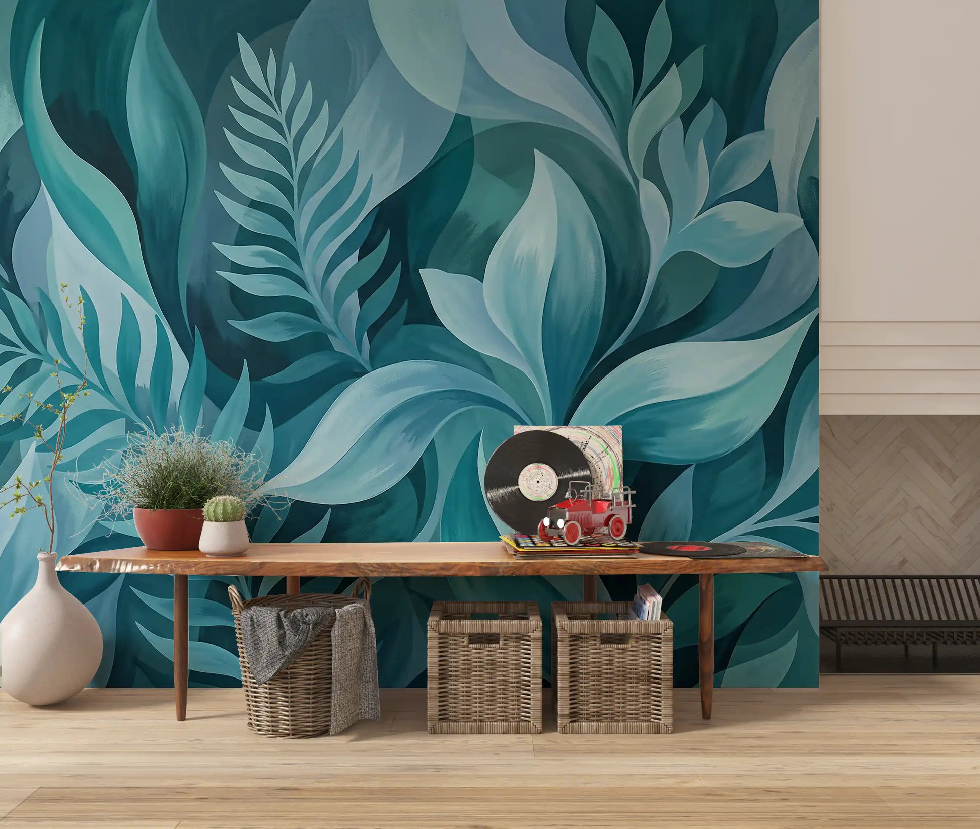 A calm lounge gains gentle green depth from the Aqua Serenity Leaves wall mural