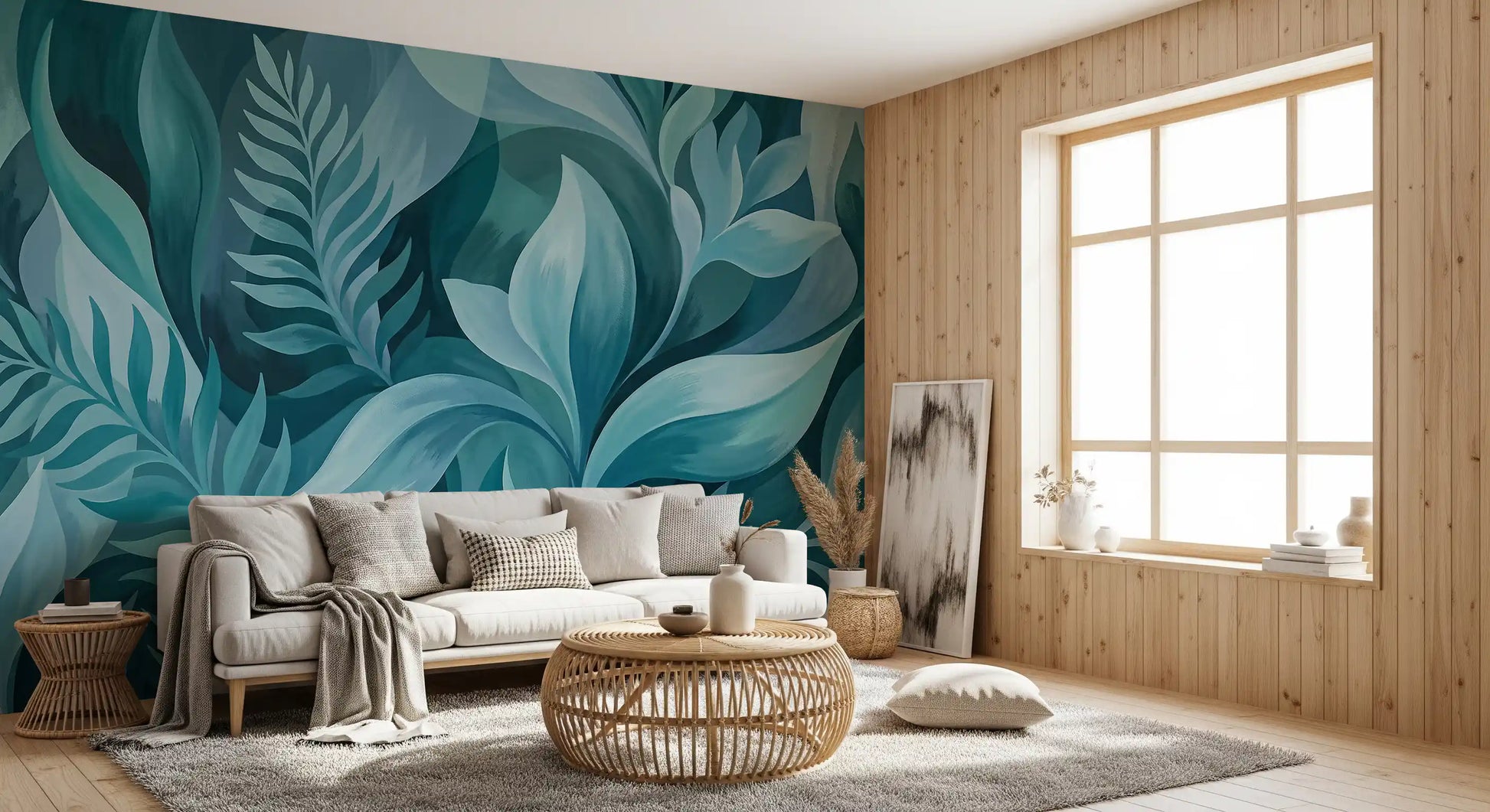 Flowing leaf shapes overlap at varied depths in the Aqua Serenity wall mural