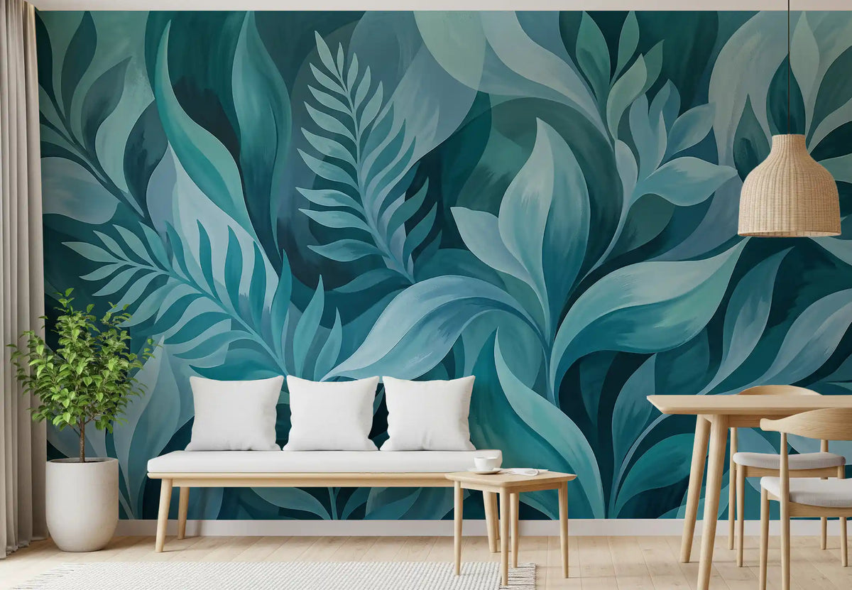 Aqua Serenity Leaves wall mural sets a calm teal mood in a bright living room