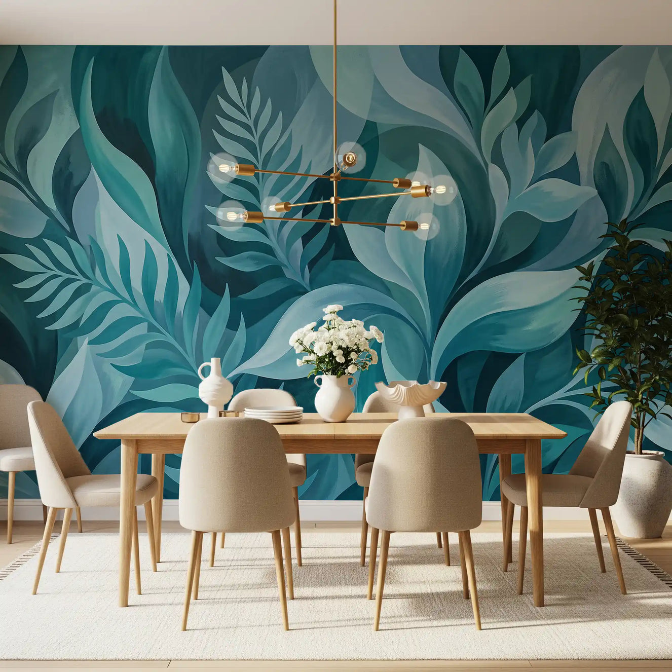 Aqua Serenity Leaves Wall Mural