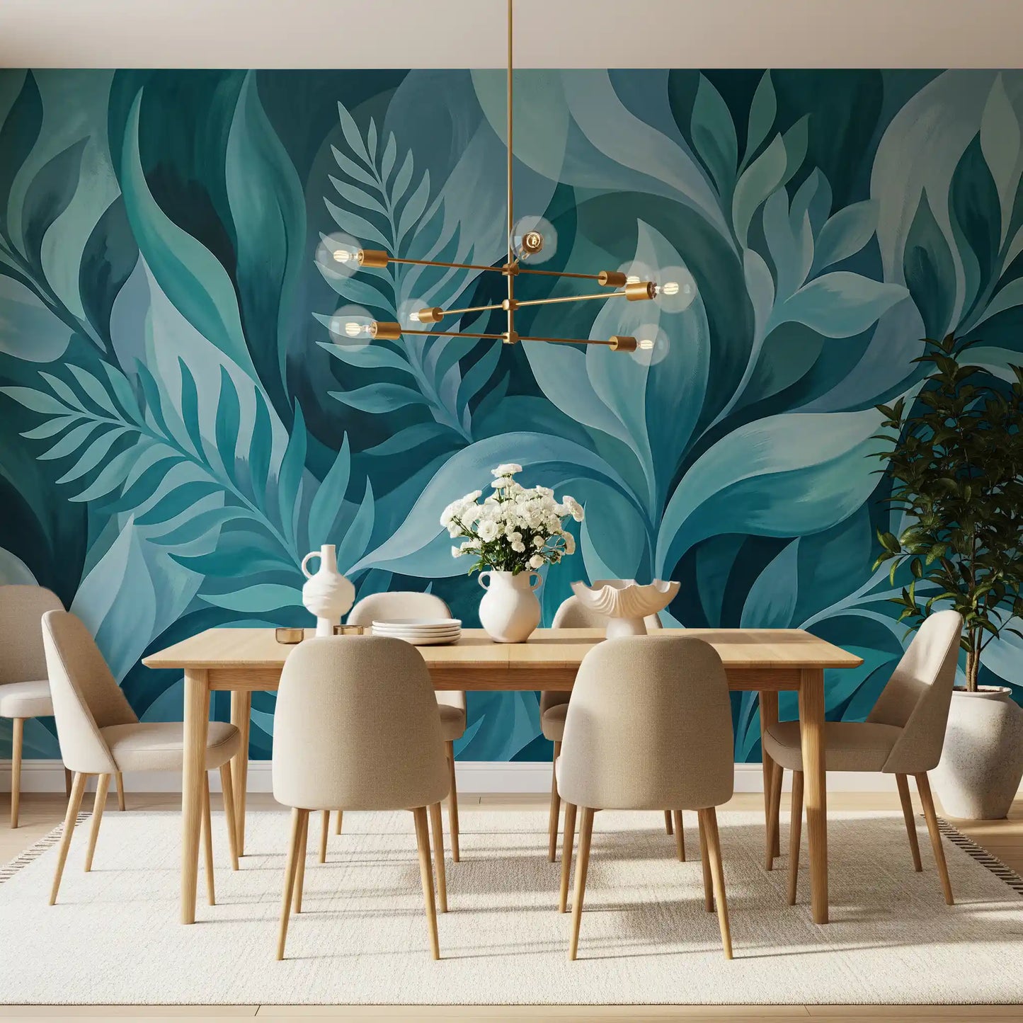 Teal foliage flows down a Dining room in the Serenity Leaves wall mural