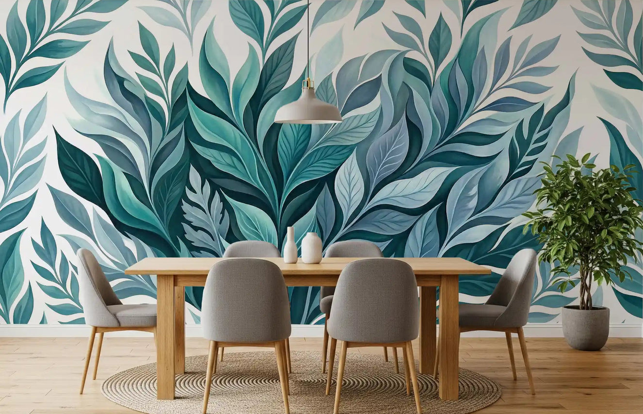 Dining room set against the Serene Leaf Dance wall mural in cool blue tones.
