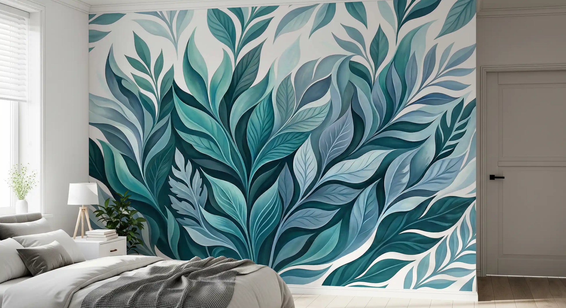 Painted leaves fill the Bedroom through the Serene Leaf Dance wall mural.