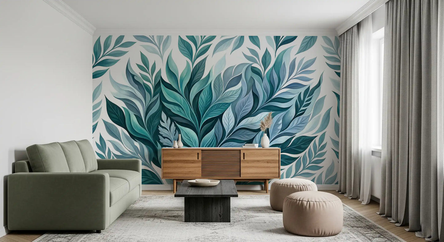 Cool blue-green tones layer gently in the Serene Leaf Dance wall mural.