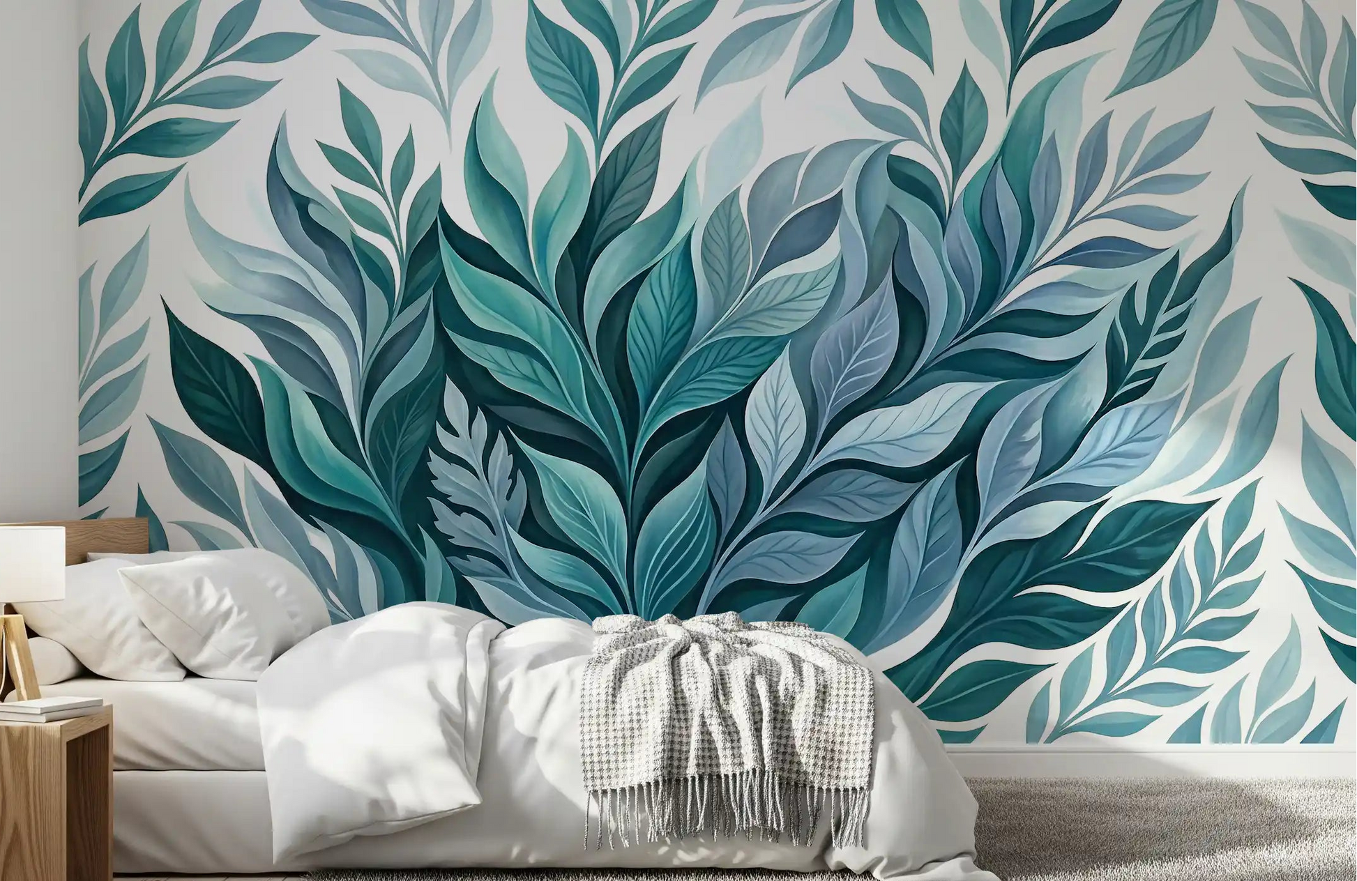 Soft teal foliage gives this Bedroom a calm Leaf Dance wall mural backdrop.