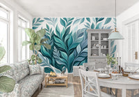 Dining room finished with the gentle blue Leaf Dance wall mural for a quiet feel.