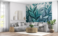 Flowing leaves fan across a white ground in this Leaf Dance wall mural.