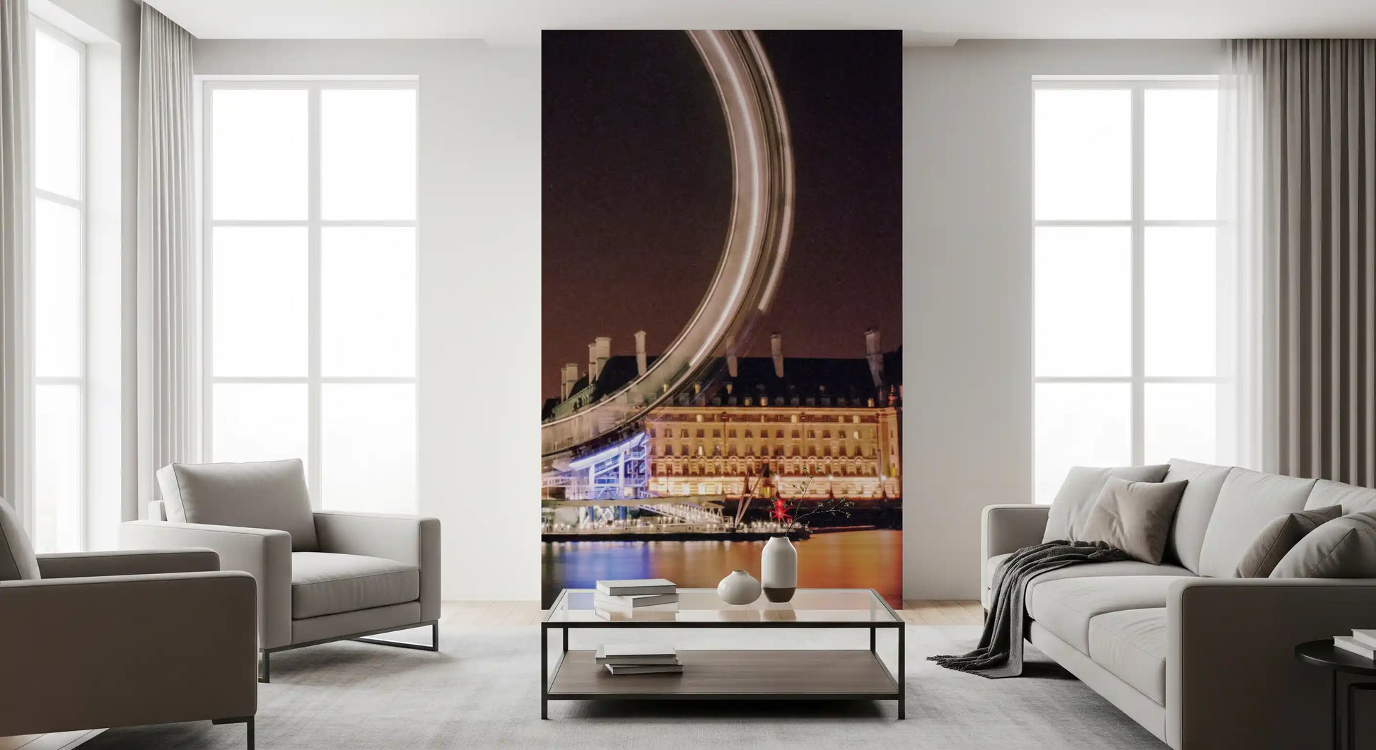 Glowing ring of light leads down a hallway in the Night Spin wall mural