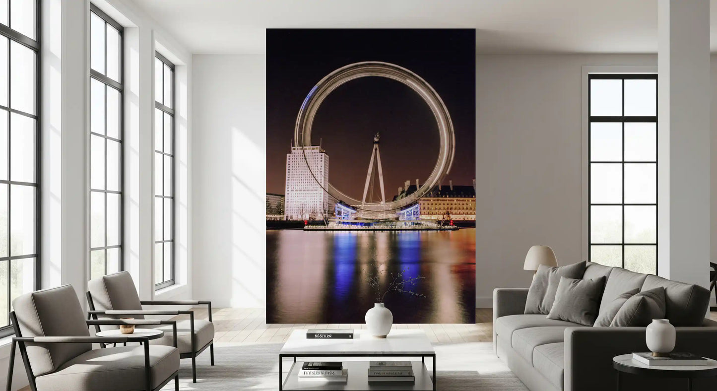 Blue and amber night tones lift a Lounge  space in this London Eye wall mural