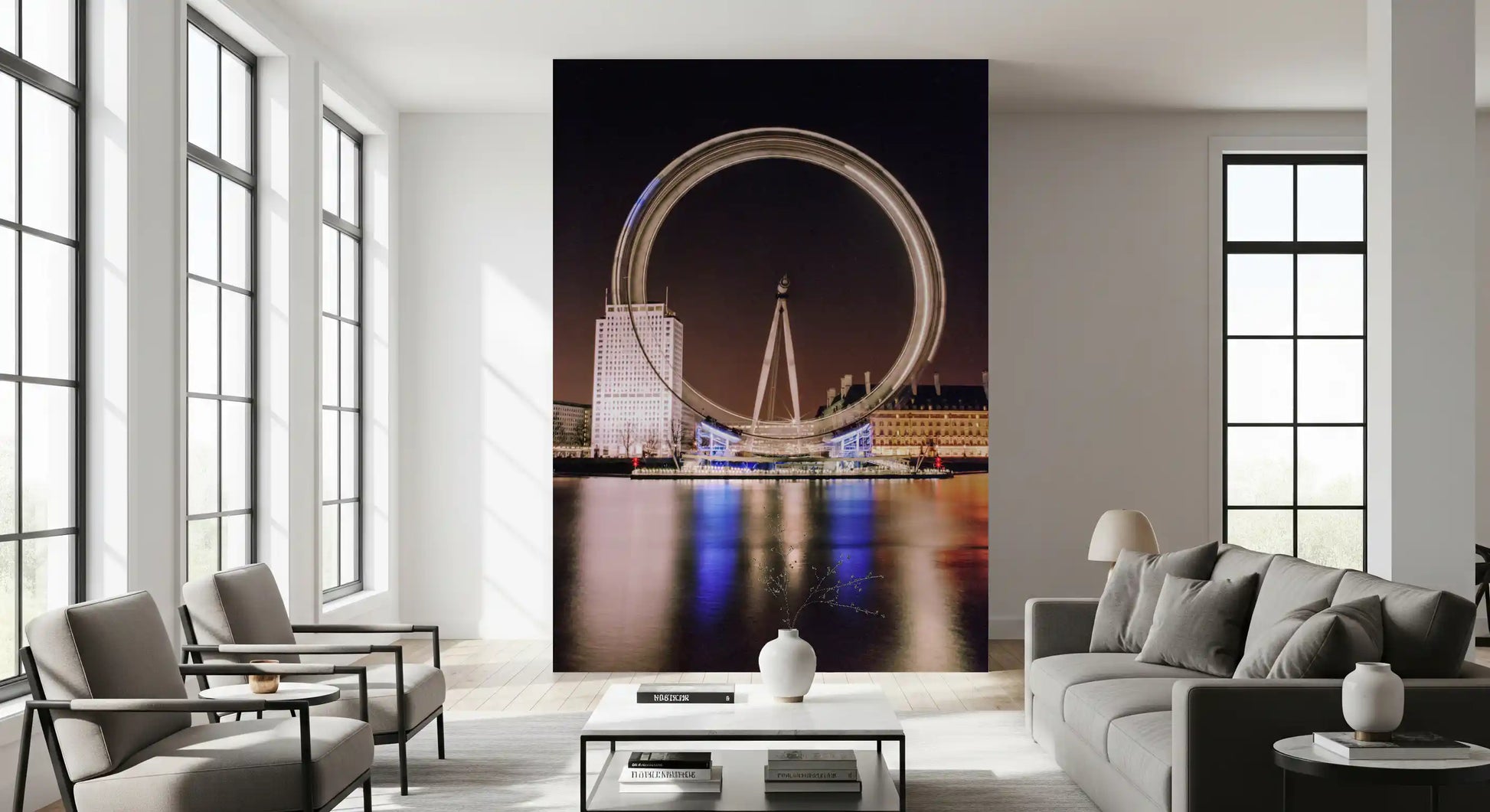Blue and amber night tones lift a Lounge  space in this London Eye wall mural