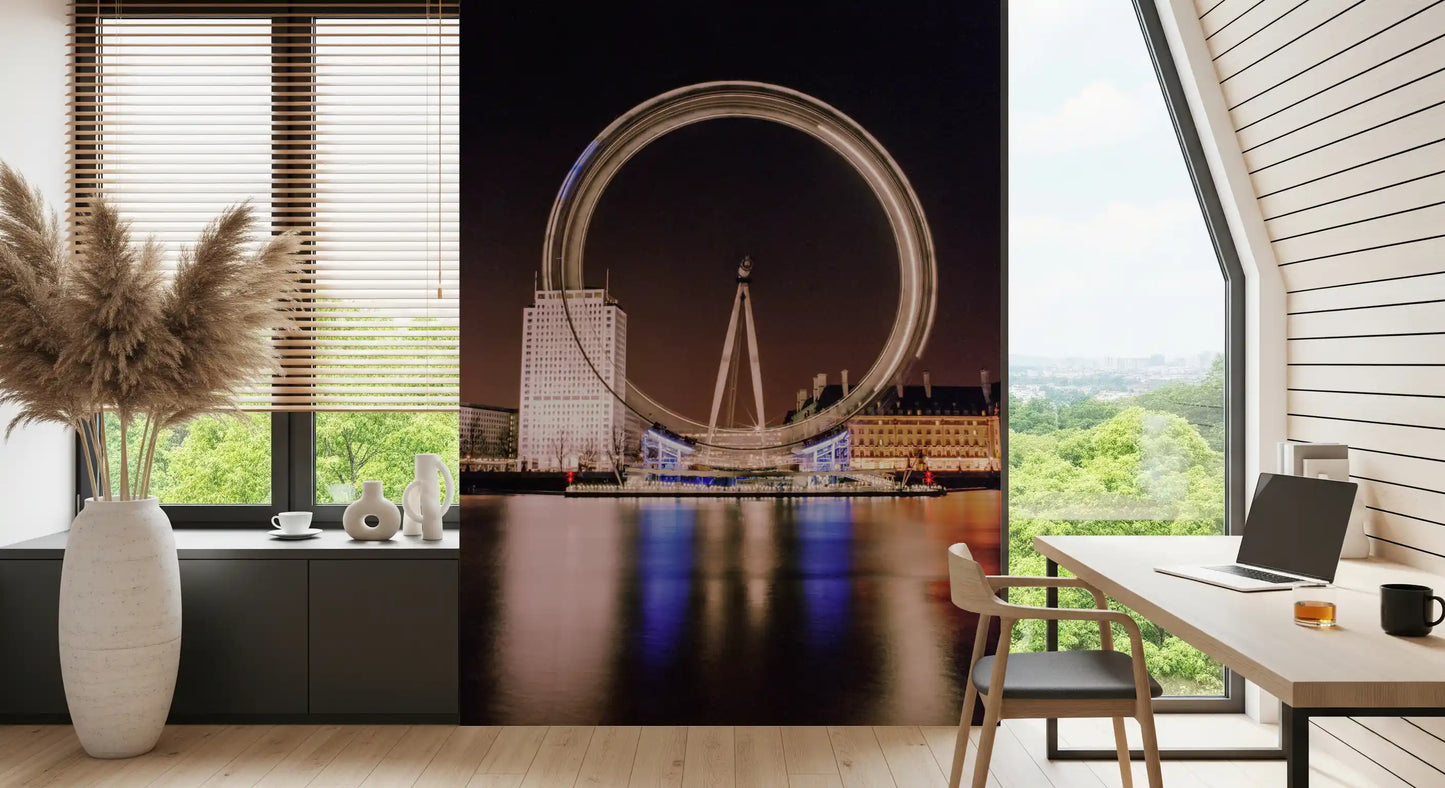 Calm after-dark city mood fills a Work room via this London Eye wall mural