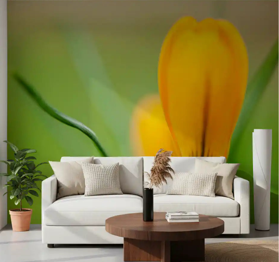 Living room anchored by the Golden Crocus Serenity wall mural in warm yellow