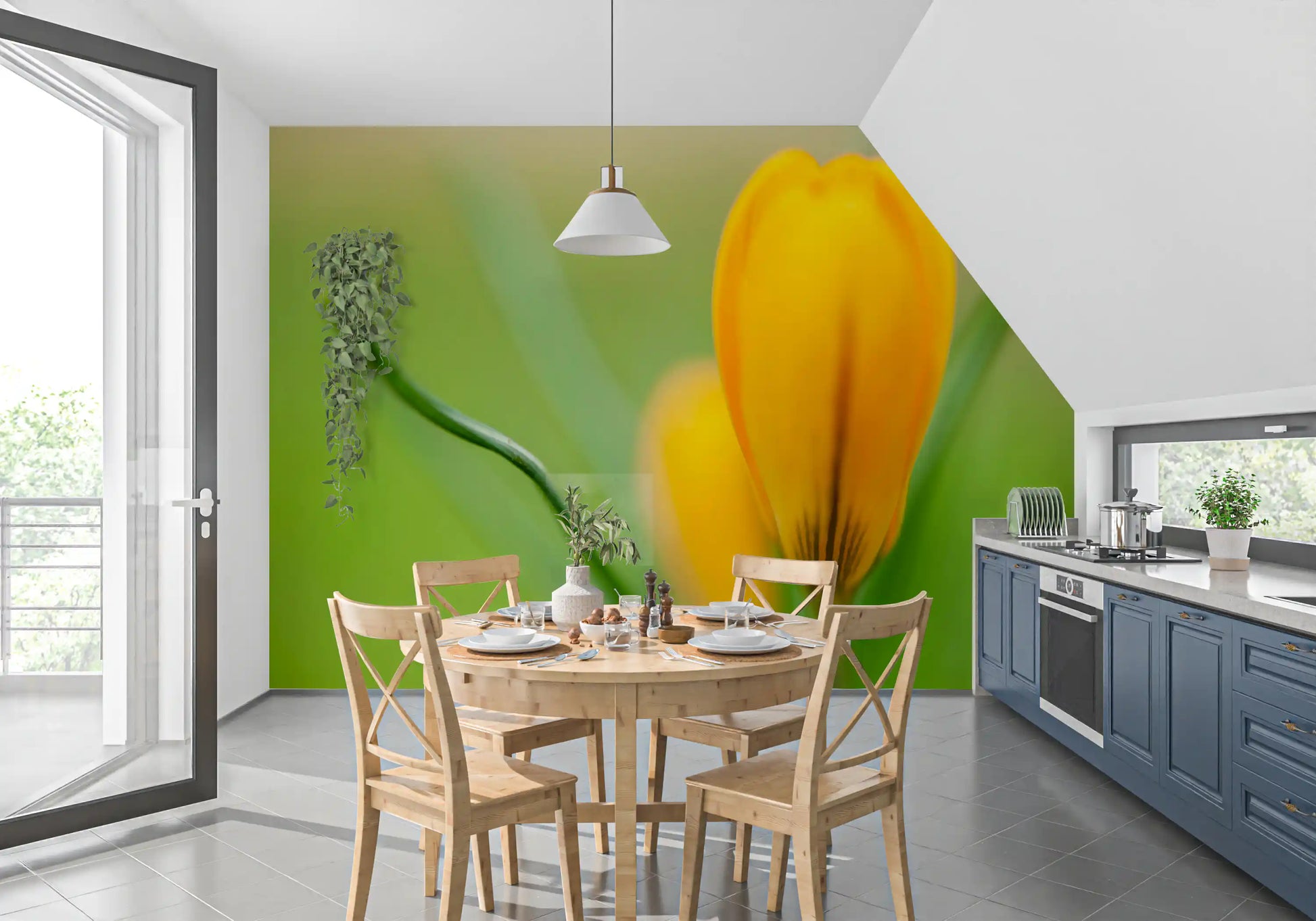 Calm Kitchen and dining backed by Golden Crocus Serenity wall mural, petals against blurred green