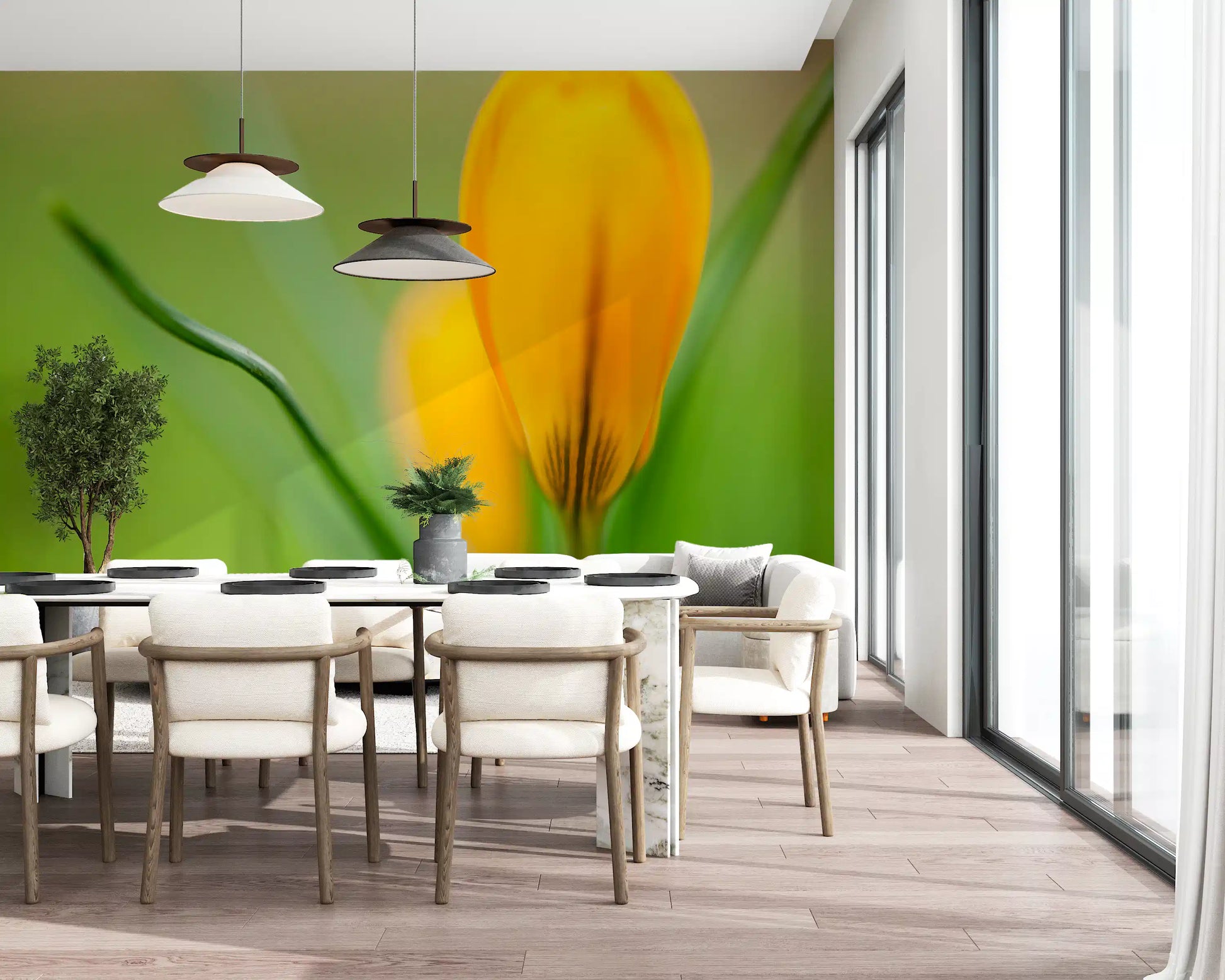 Blurred green field sets off the focal bloom in Golden Crocus Serenity wall mural