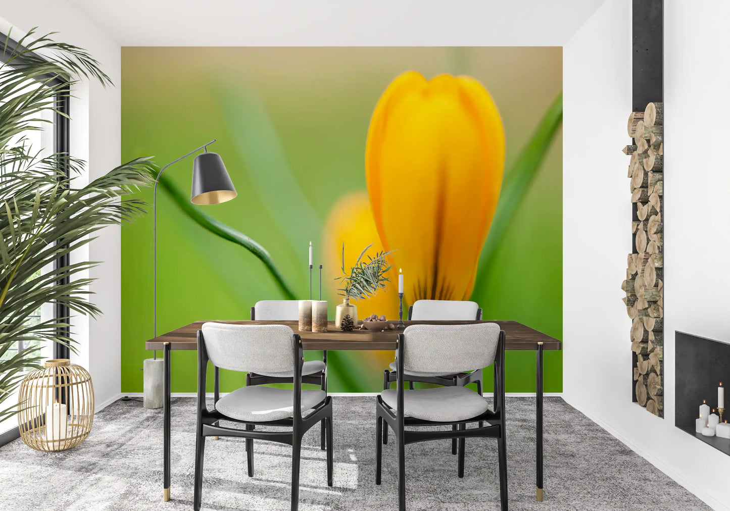 Dining room scheme led by a golden crocus close-up wall mural on green