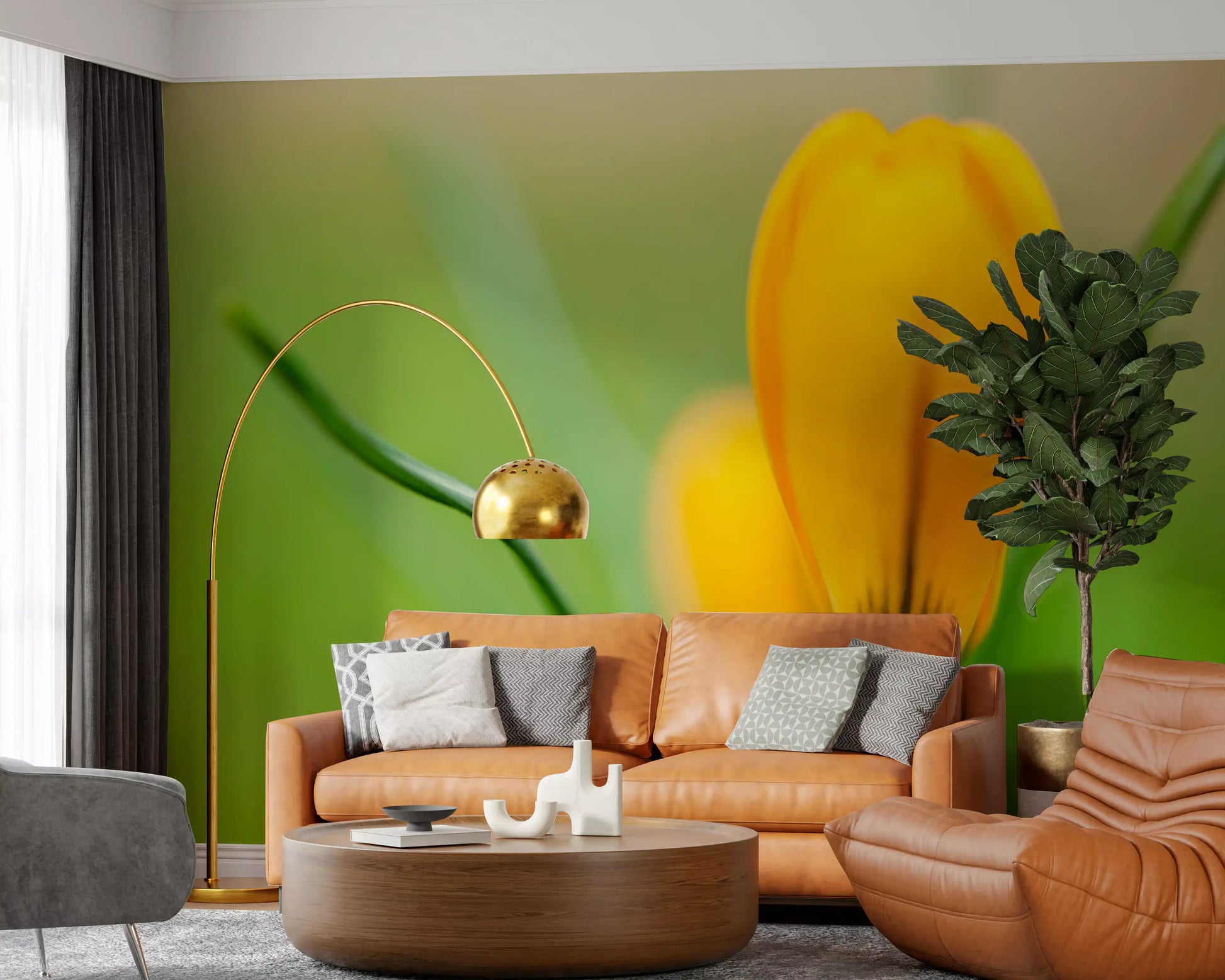 Spacious lounge featuring Golden Crocus Serenity wall mural, bright bloom on soft green