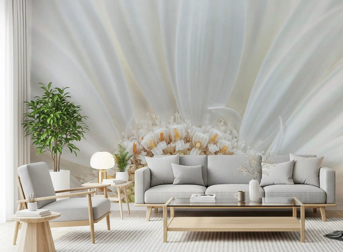 White Petal Radiance wall mural gives a living room a calm, pale focal point