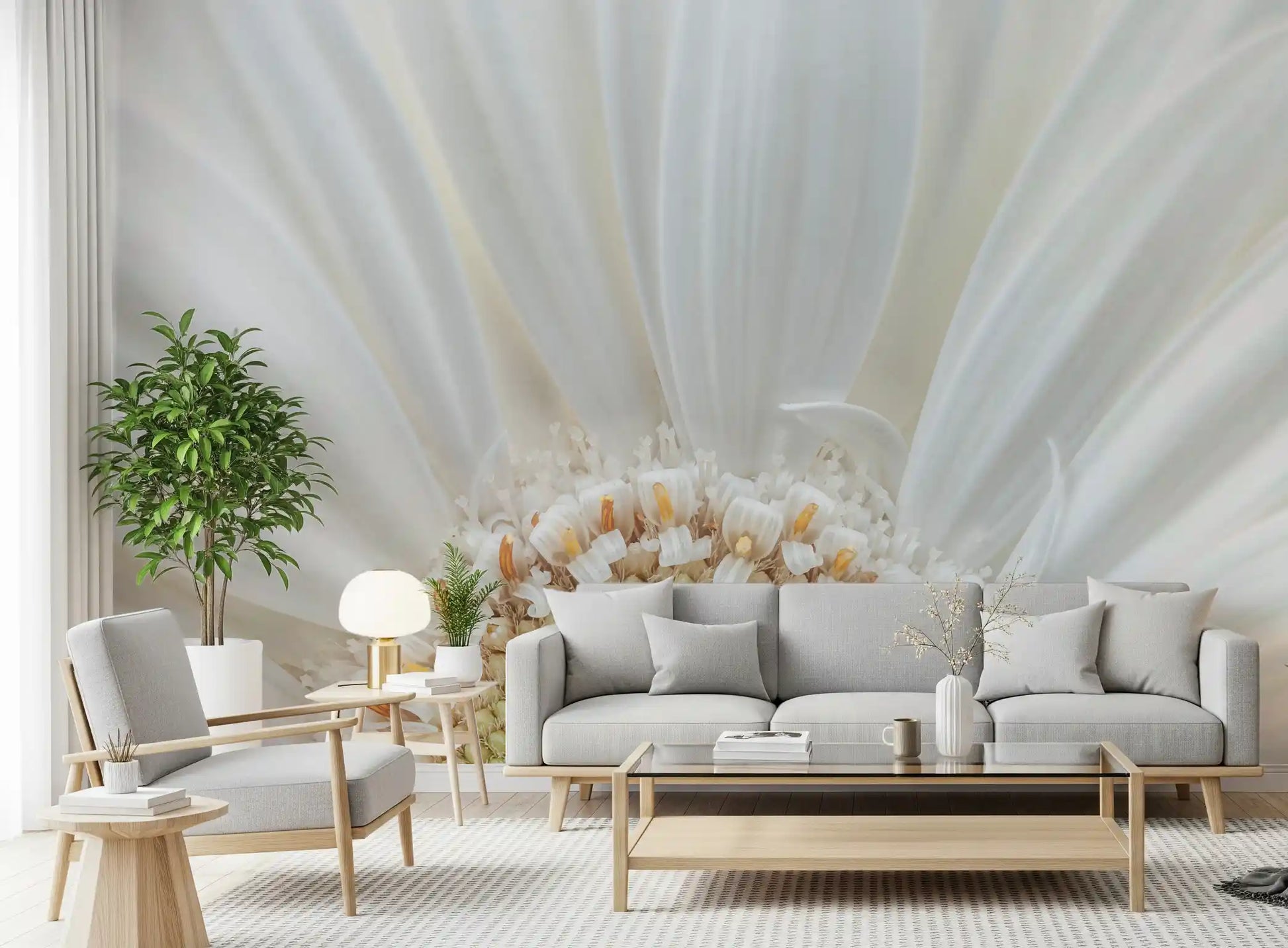 White Petal Radiance wall mural gives a living room a calm, pale focal point