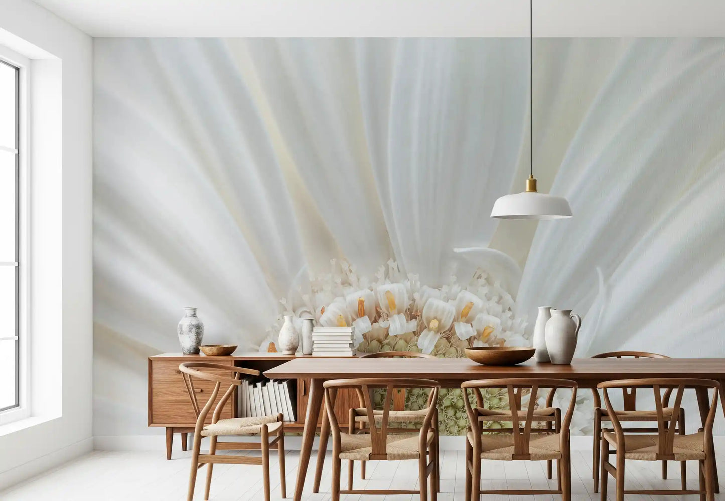 A dining room feels lighter and calmer beside the Petal Radiance wall mural