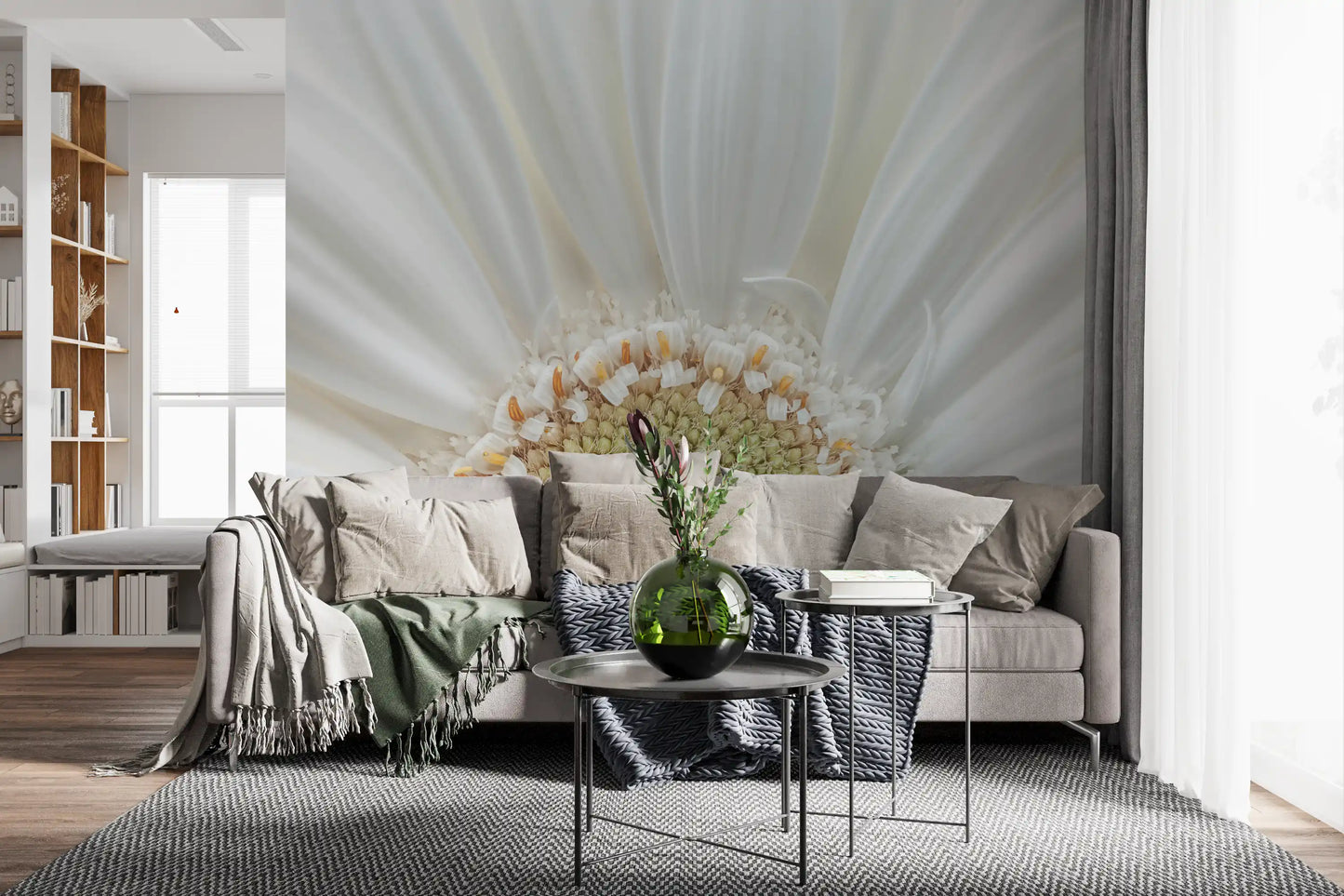 White Petal Radiance wall mural shows a single gerbera filling the whole frame