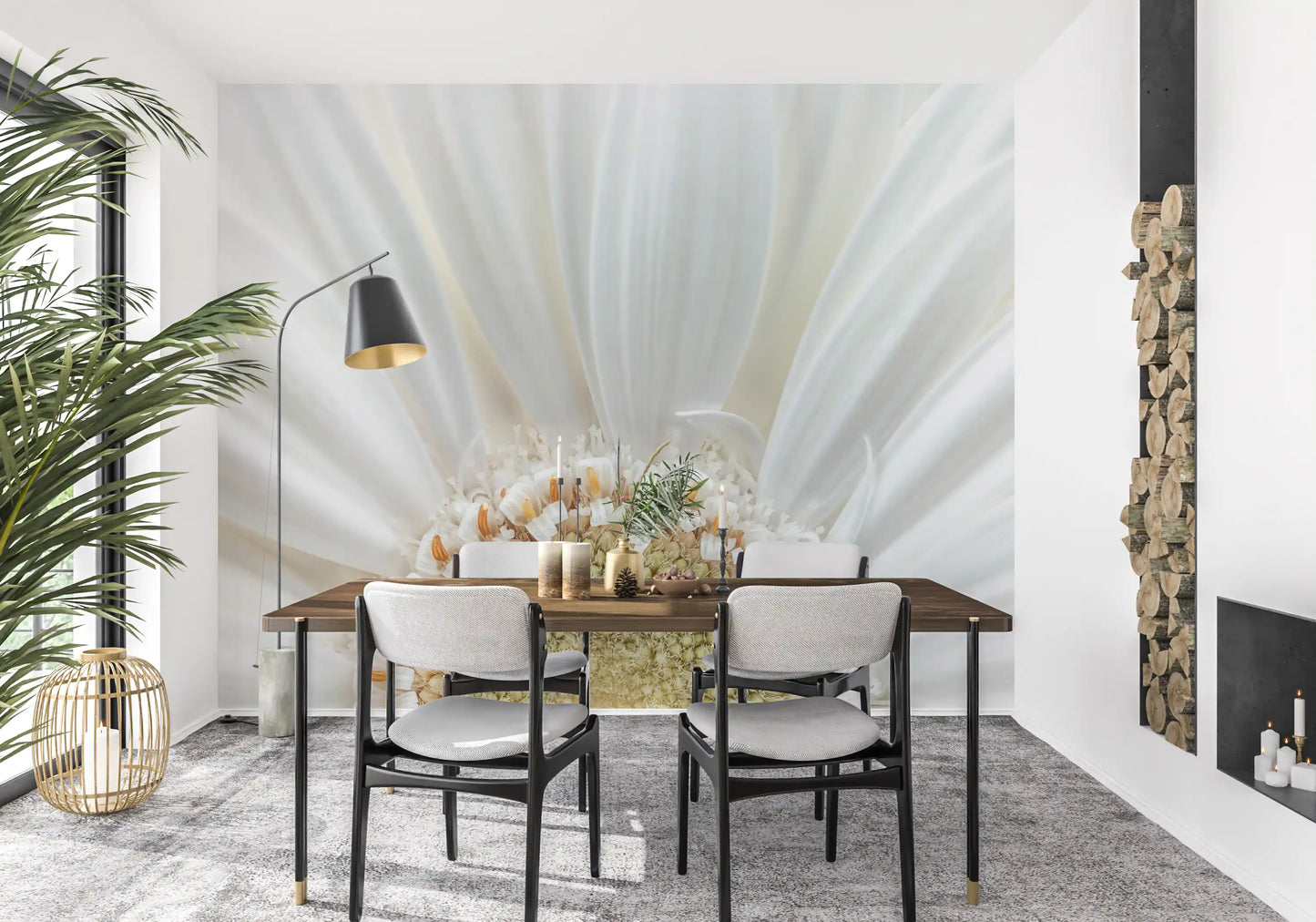 Flowering detail freshens an Dining room alongside the White Petal Radiance wall mural
