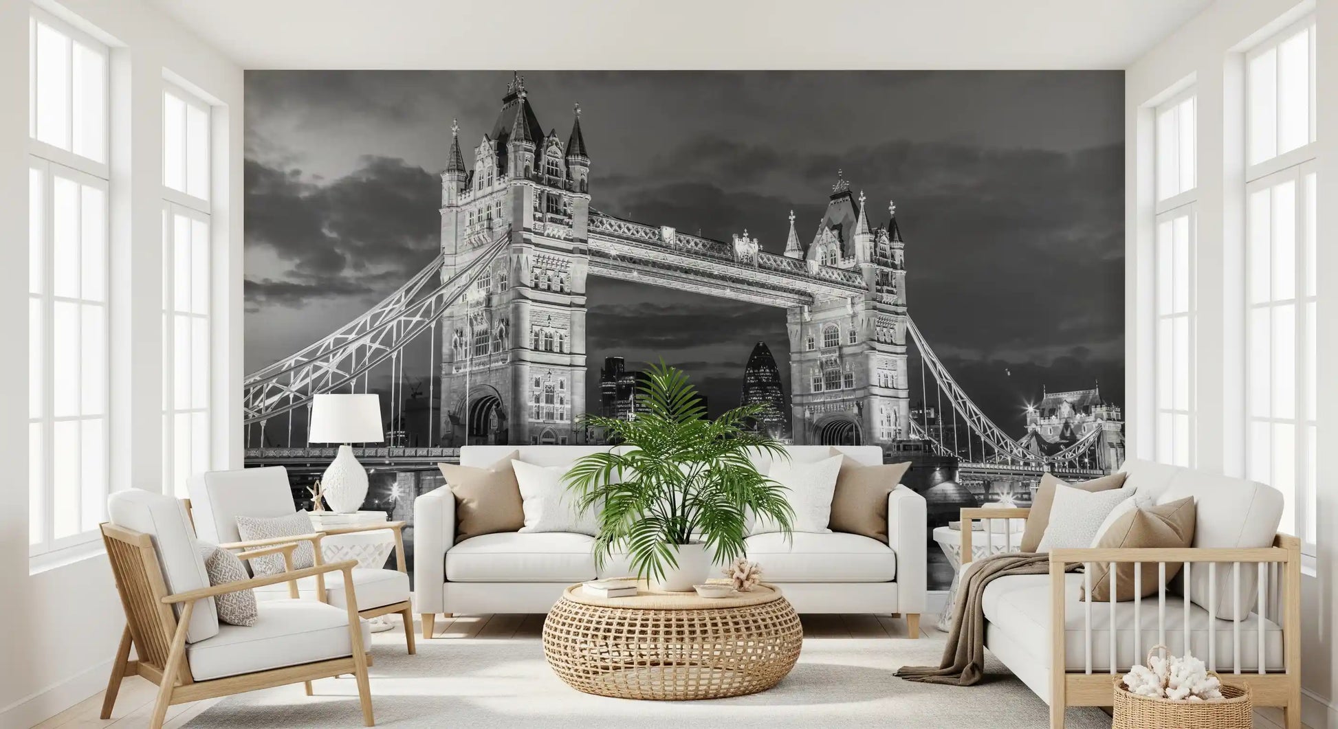 A lit London bridge scene gives a Living room a moody focal wall mural
