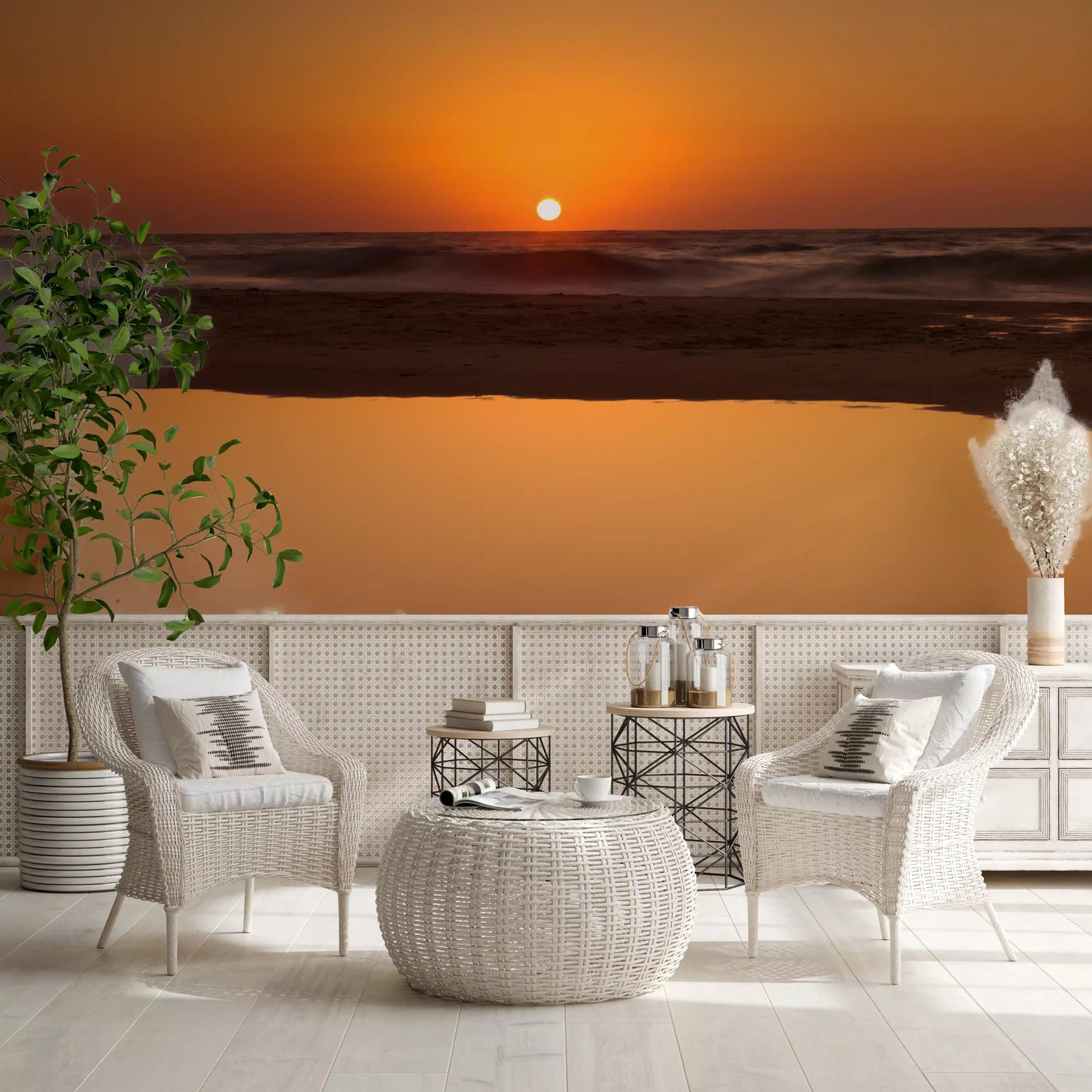 Restful living room finished with the glowing Ocean Horizon wall mural.
