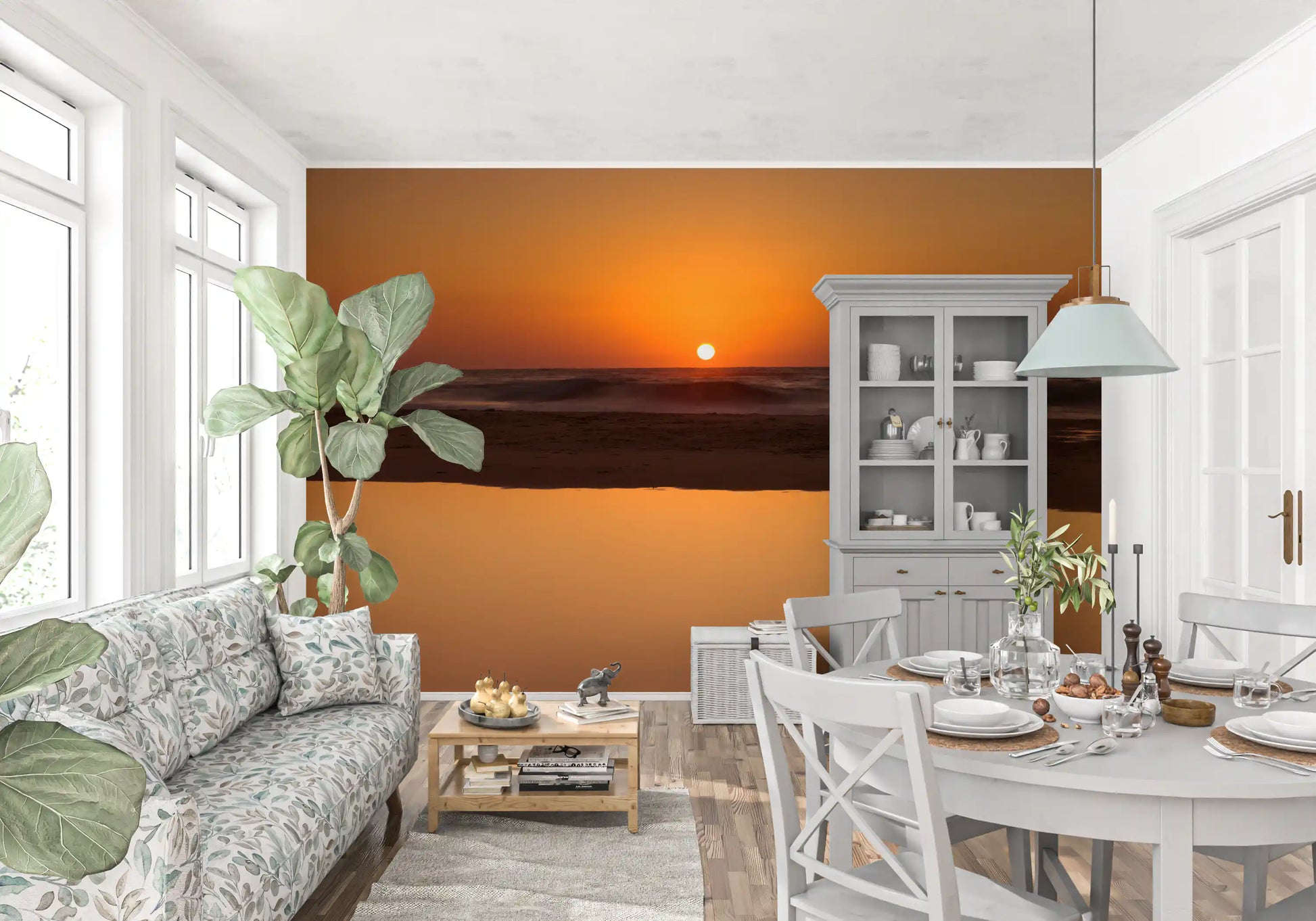 Sunset tones set the mood in this dining room Ocean Horizon wall mural.