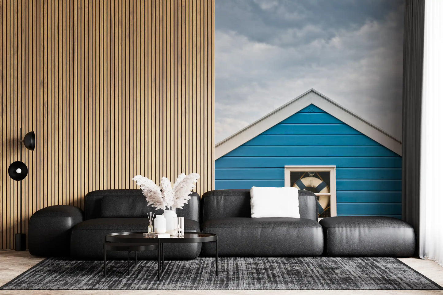 Crisp roofline trim defines the Blue Beach Hut Coastal Charm wall mural