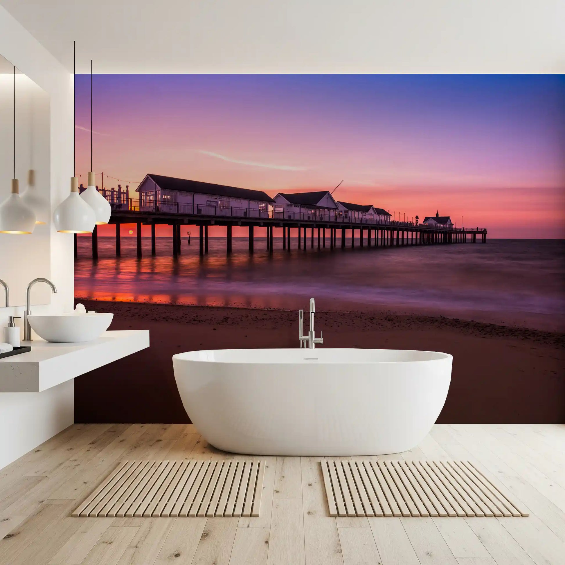 A calm sea reflects the dusk sky in the Pier Reverie wall mural.