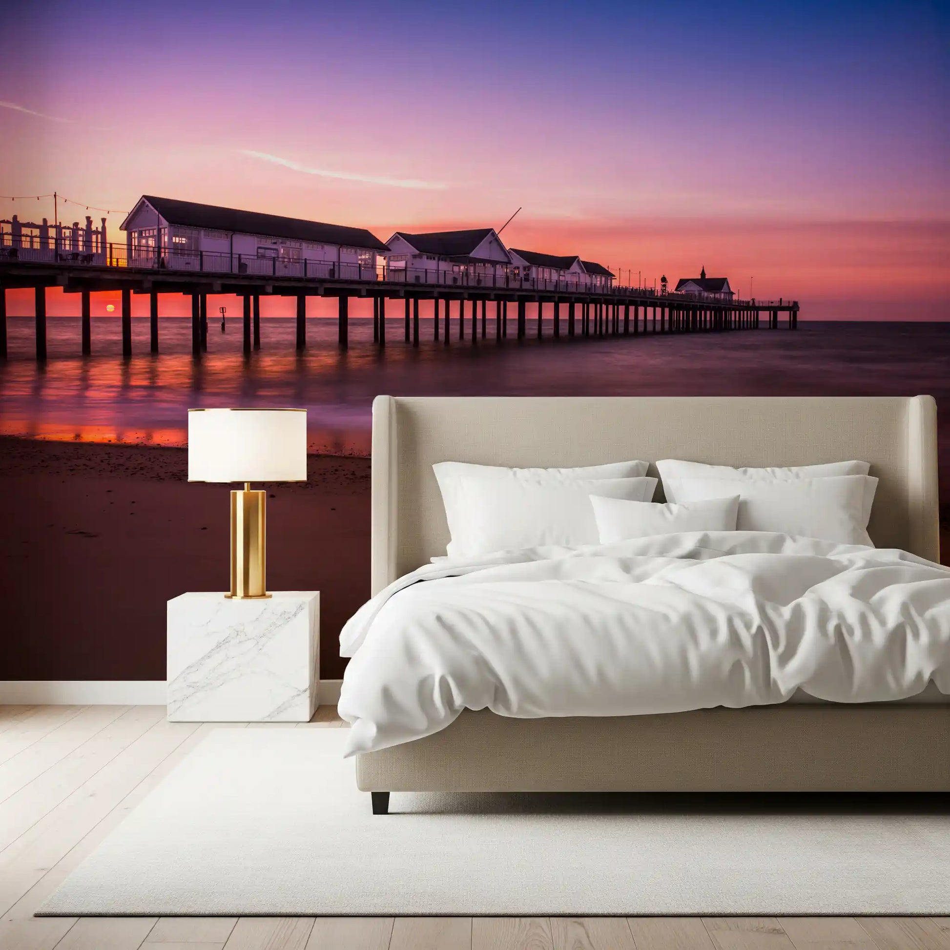 bedroom lit by the gentle violet Sunset Pier Reverie wall mural scene.
