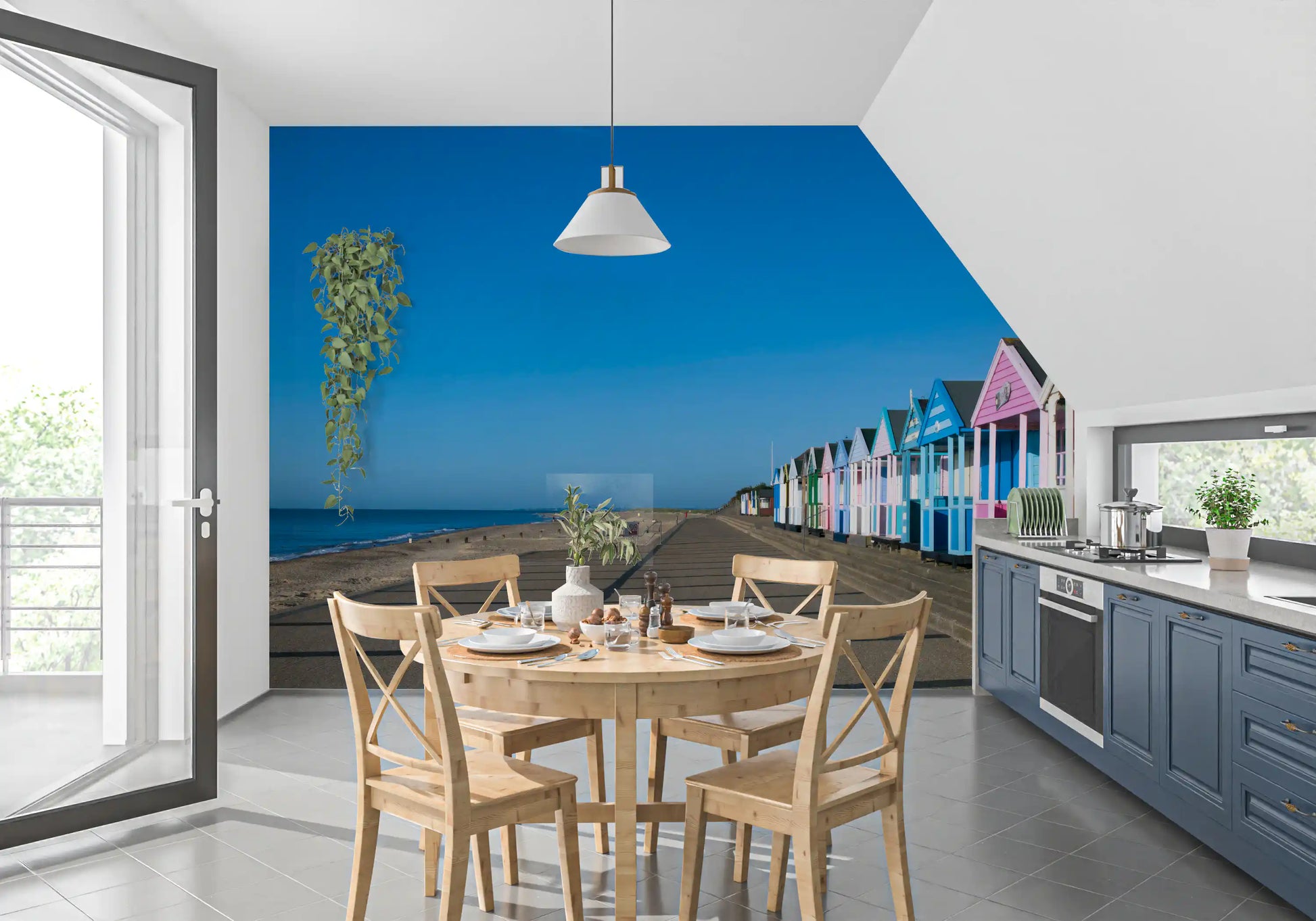 A row of pastel huts recedes down the promenade in this Serenity wall mural