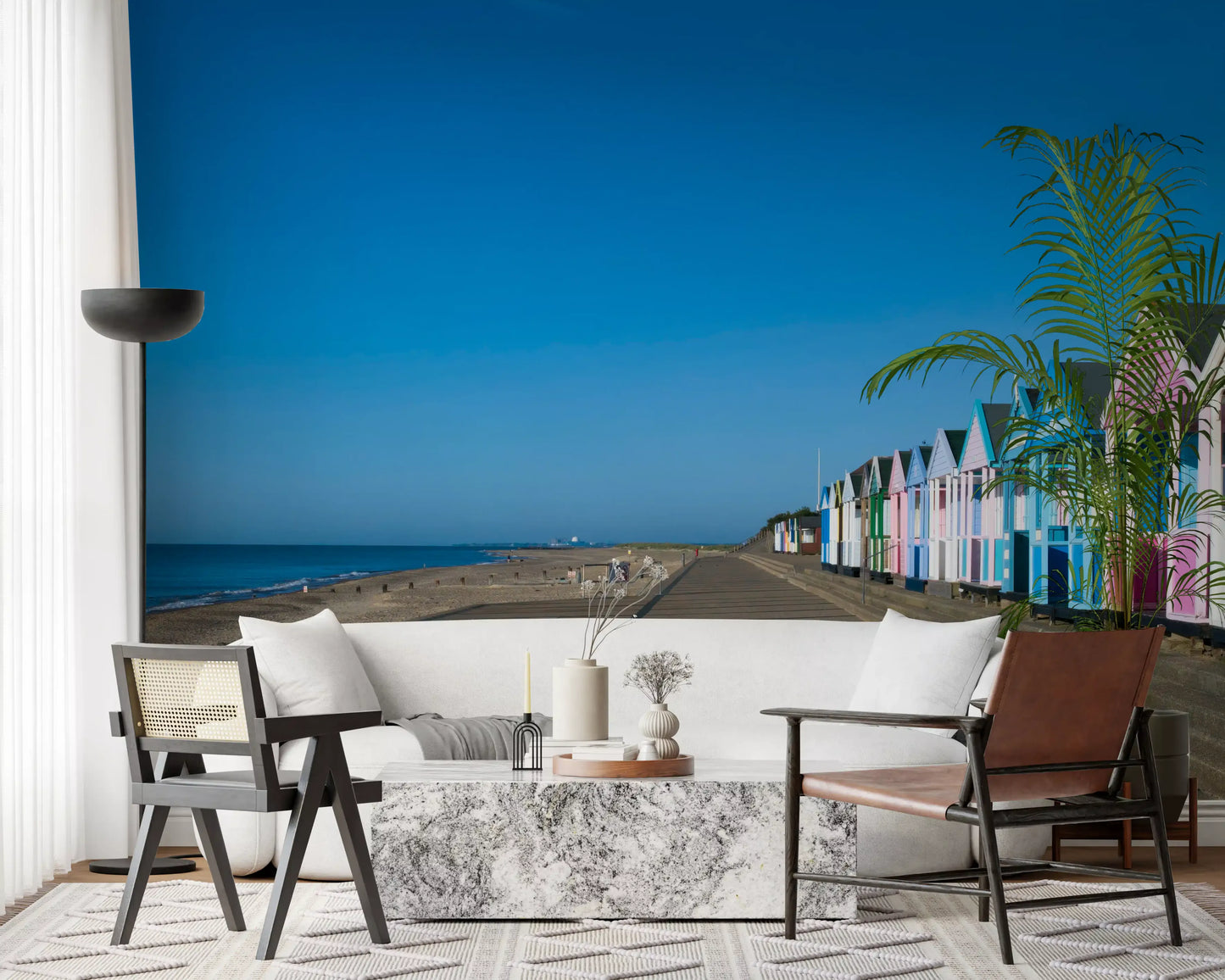 Colorful Beach Hut Serenity wall mural showing a calm sea beside the path