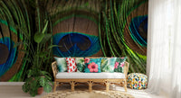 Living room scheme led by a peacock feather macro wall mural