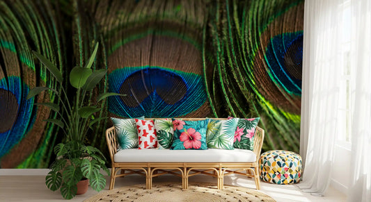Living room scheme led by a peacock feather macro wall mural