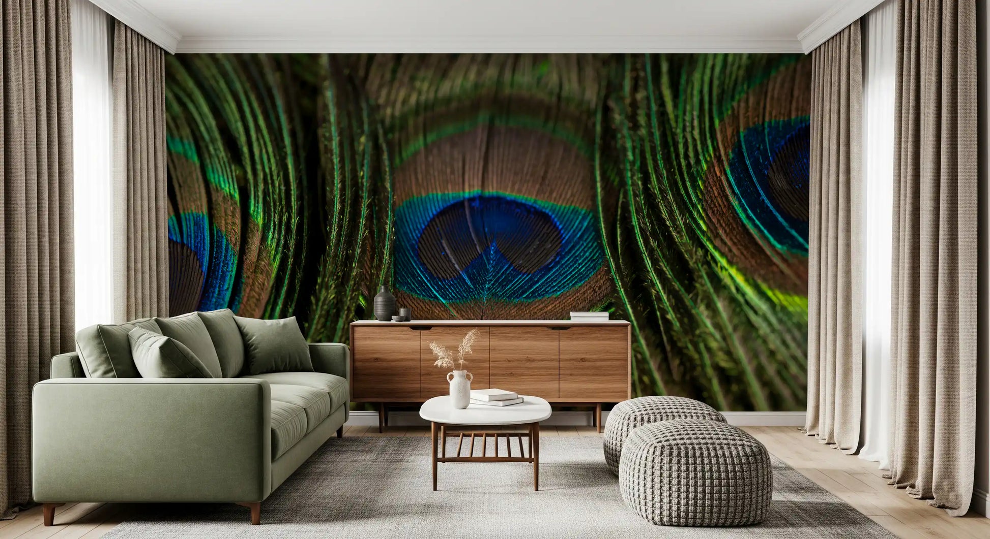Fine filaments fan toward glowing centres in the peacock plumes wall mural