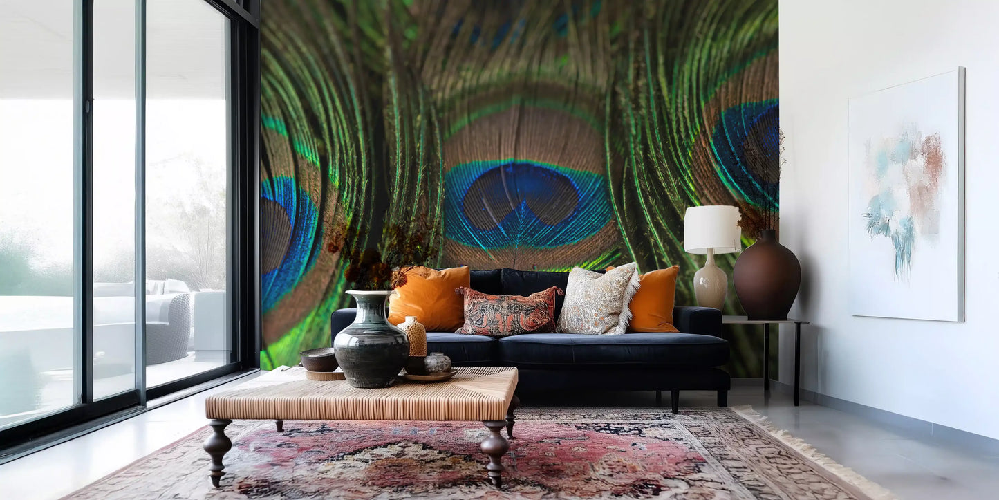 Shadowed gaps deepen the layered look of Peacock's Iridescent Plumes wall mural