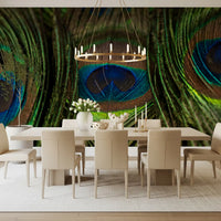  Dining featuring Iridescent Plumes wall mural, glowing feather eyes on dark green