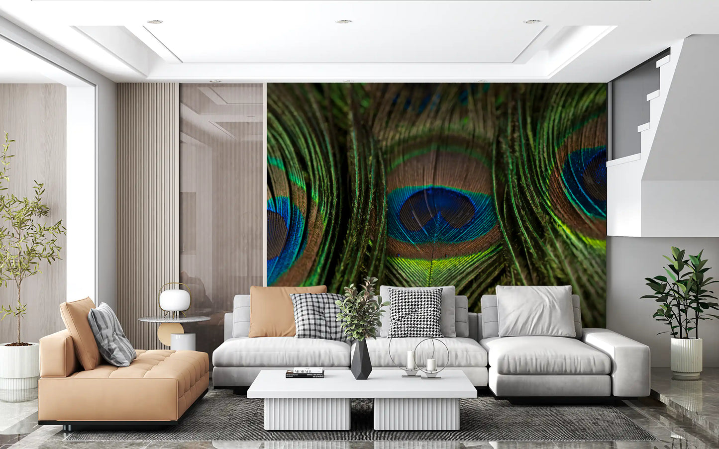 Cobalt and teal rings define each feather in this Iridescent Plumes wall mural