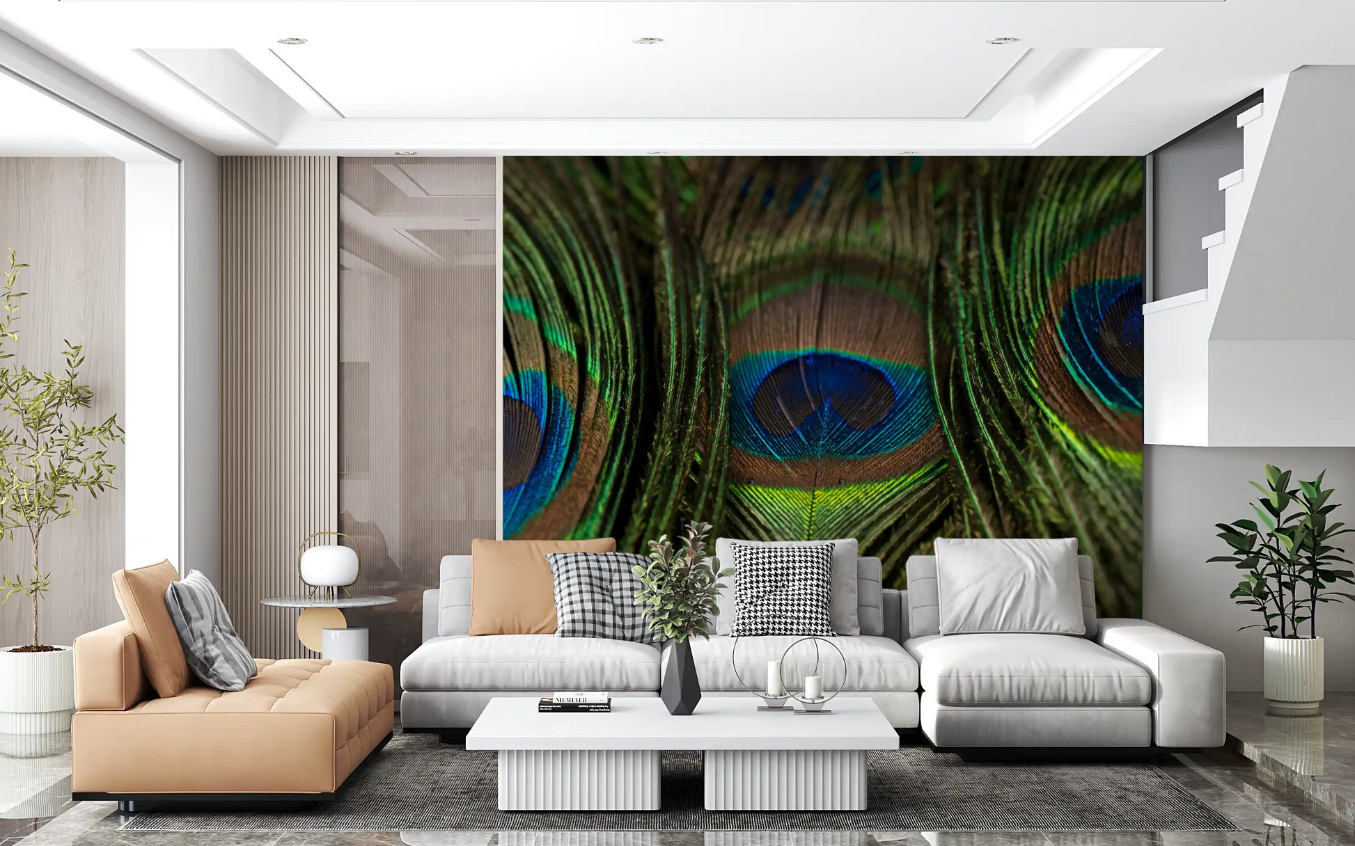 Cobalt and teal rings define each feather in this Iridescent Plumes wall mural