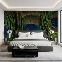 Bedroom backed by Peacock's Iridescent Plumes wall mural, cobalt eyes and fine barbs