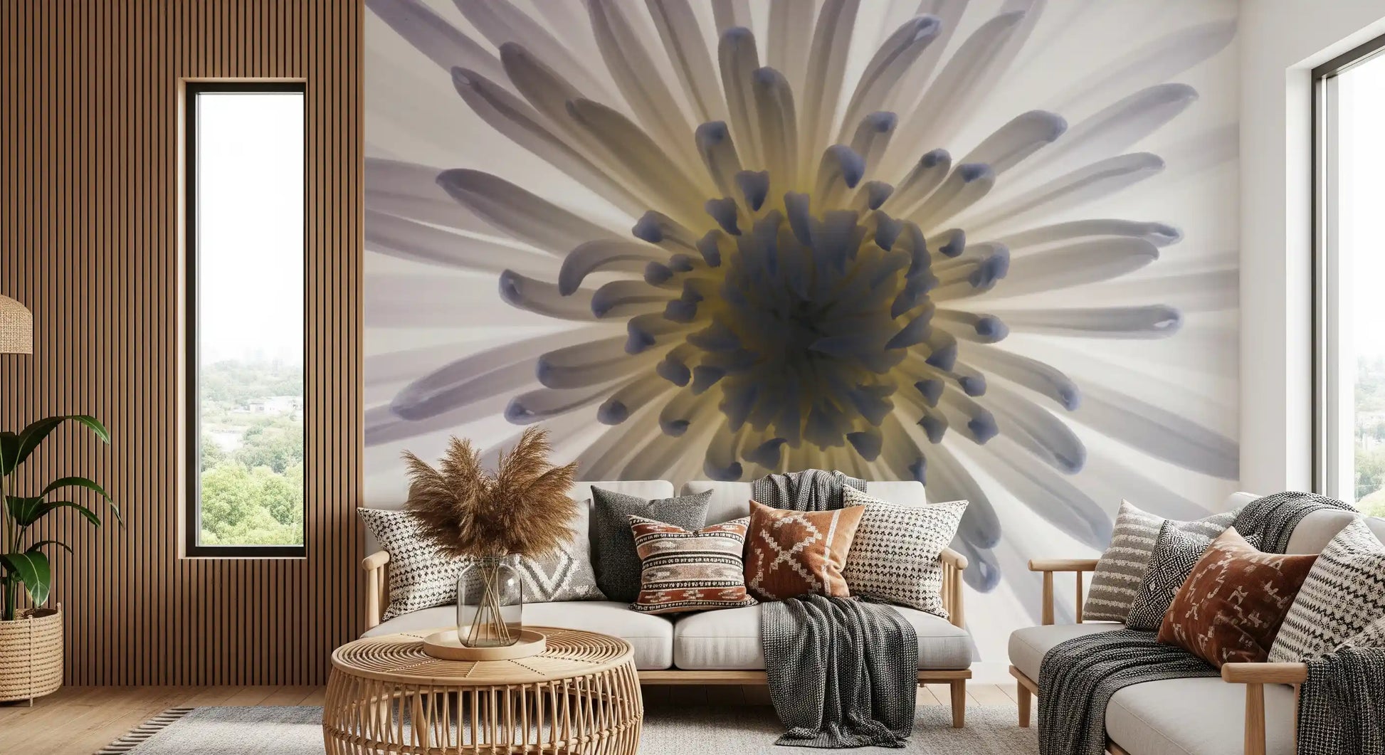 A living room feels lighter and warmer with the Luminous Petals wall mural