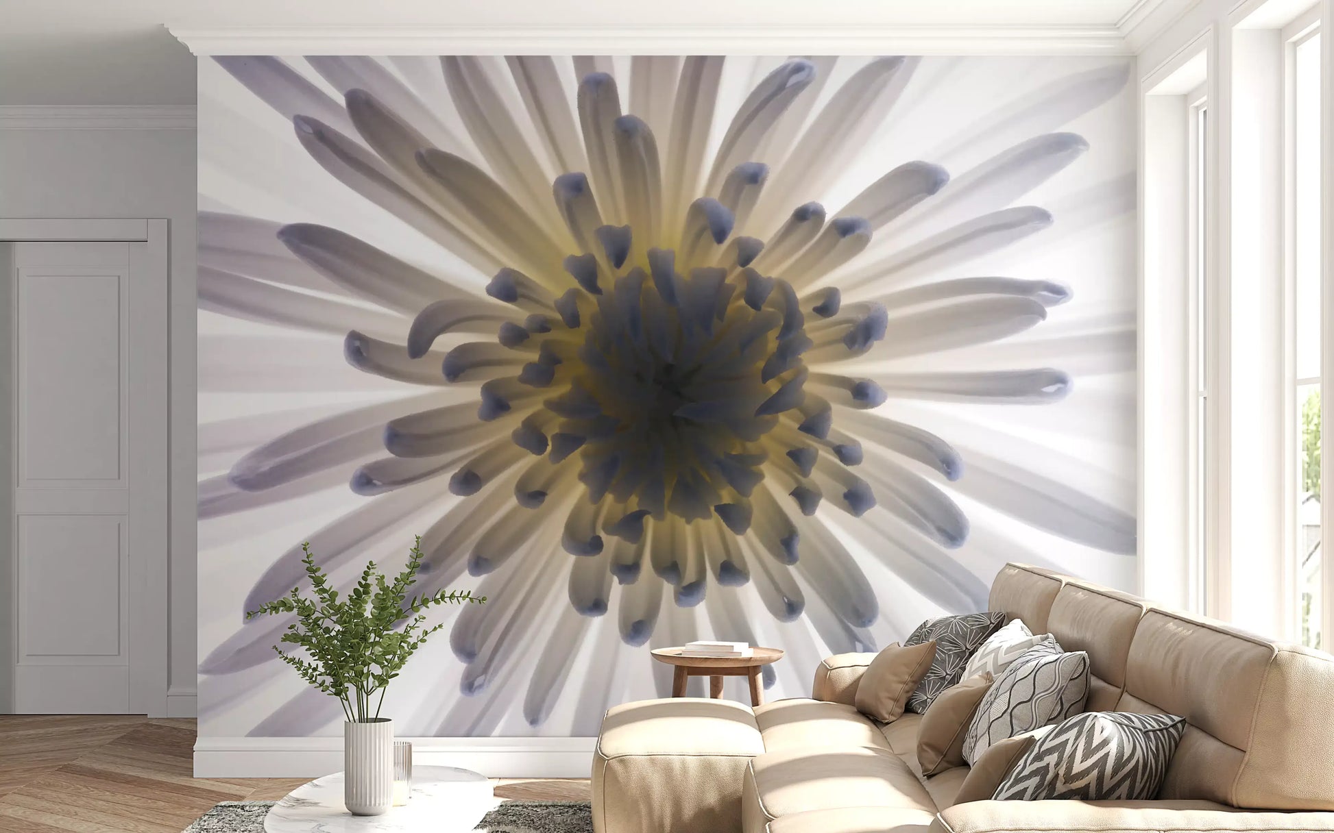 A glowing yellow core sits deep inside the Luminous Petals wall mural