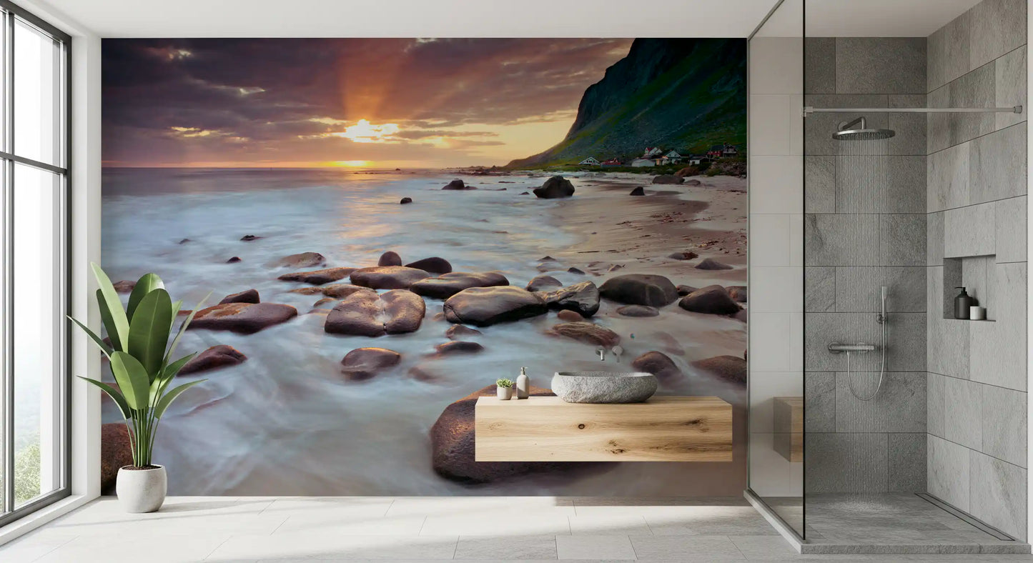Coastal Sunset Serenity wall mural lends a calm sunset mood to a bathroom 